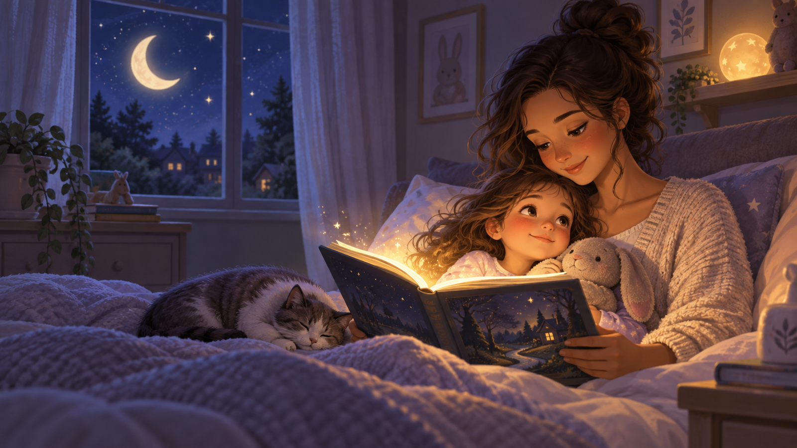 Mãe e filha lendo juntas antes de dormir